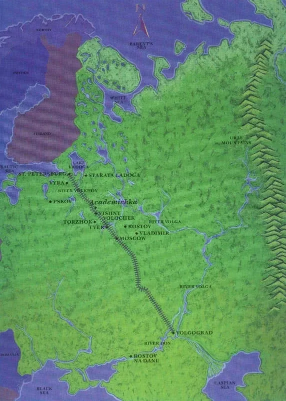 A map of the land with green grass and purple mountains.